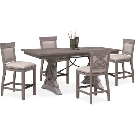 Charthouse Counter-Height Dining Table and 4 Upholstered Stools - Gray