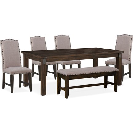 Hampton Dining Table, 4 Upholstered Dining Chairs and Storage Bench - Cocoa