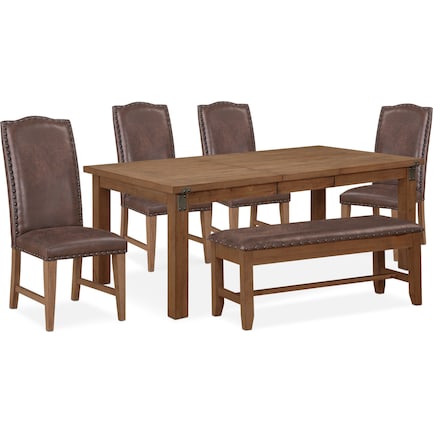 Hampton Dining Table, 4 Upholstered Dining Chairs and Storage Bench - Sandstone