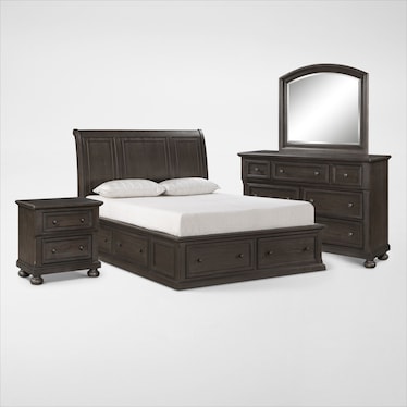 Hanover 6-Piece Storage Sleigh Bedroom Set with Dresser, Mirror and Nightstand with USB Charging