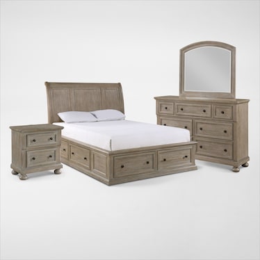 Hanover 6-Piece Storage Sleigh Bedroom Set with Dresser, Mirror and Nightstand with USB Charging