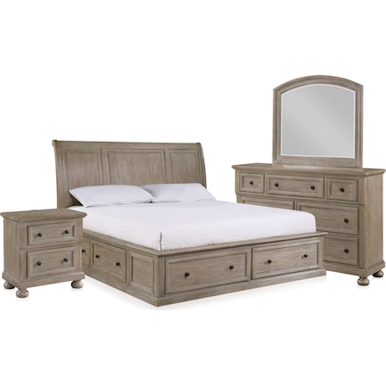 Hanover 6-Piece Storage Sleigh Bedroom Set with Dresser, Mirror and Charging Nightstand