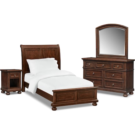 Hanover Youth 6-Piece Twin Sleigh Bedroom Set with Nightstand, Dresser and Mirror - Cherry