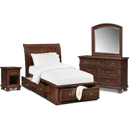 Hanover Youth 6-Piece Twin Sleigh Storage Bedroom Set with Nightstand, Dresser and Mirror - Cherry