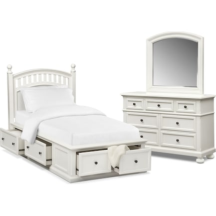 Hanover Youth 5-Piece Twin Poster Storage Bedroom Set with Dresser and Mirror - White