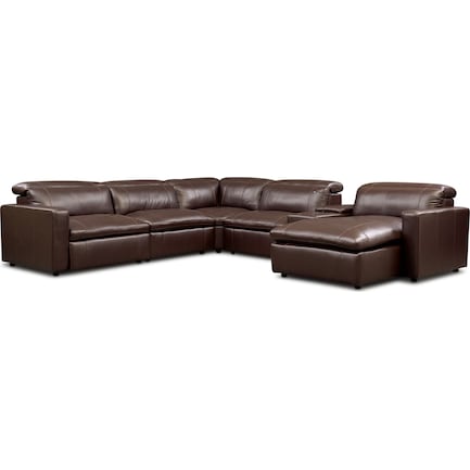 Happy 6-Piece Dual-Power Reclining Sectional with Right-Facing Chaise and 2 Reclining Seats - Brown