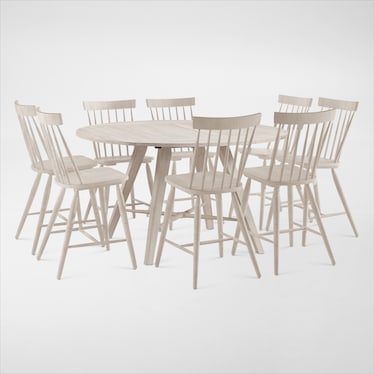 Hayward Solid Wood Convertible Counter-Height Dining Table & 8 Windsor-Back Stools - White
