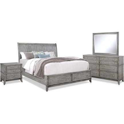 Hazel 6-Piece King Storage Bedroom Set with 2-Drawer Nightstand, Dresser and Mirror - Gray