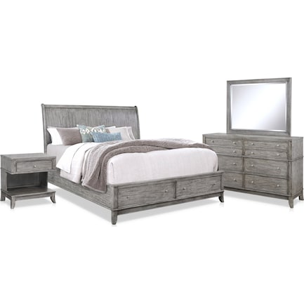 Hazel 6-Piece King Storage Bedroom Set with 1-Drawer Nightstand, Dresser and Mirror - Gray