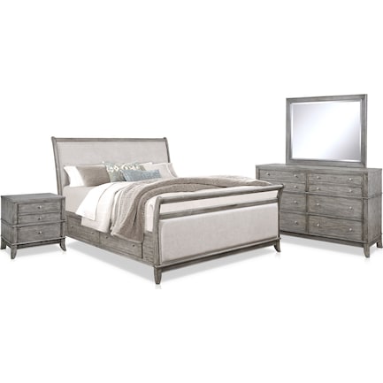 Hazel 6-Piece King Upholstered Bedroom Set with 2-Drawer Nightstand, Dresser and Mirror - Gray