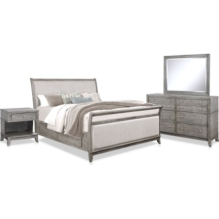Hazel 6-Piece King Upholstered Bedroom Set with 1-Drawer Nightstand, Dresser and Mirror - Gray