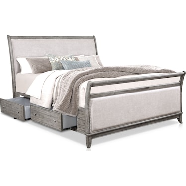 Hazel 6-Piece Queen Upholstered Bedroom Set with 1-Drawer Nightstand, Dresser and Mirror - Gray