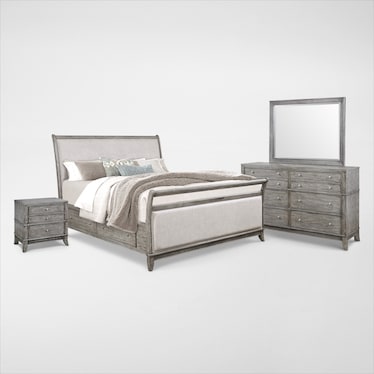 Hazel 6-Piece Upholstered Bedroom Set with 2-Drawer Nightstand, Dresser and Mirror