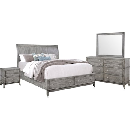 Hazel 6-Piece Queen Storage Bedroom Set with 2-Drawer Nightstand, Dresser and Mirror - Gray
