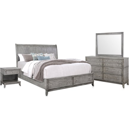 Hazel 6-Piece Queen Storage Bedroom Set with 1-Drawer Nightstand, Dresser and Mirror - Gray