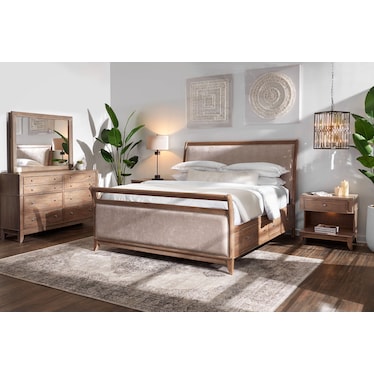 Hazel 6-Piece Queen Upholstered Bedroom Set with 1-Drawer Nightstand, Dresser and Mirror - Latte