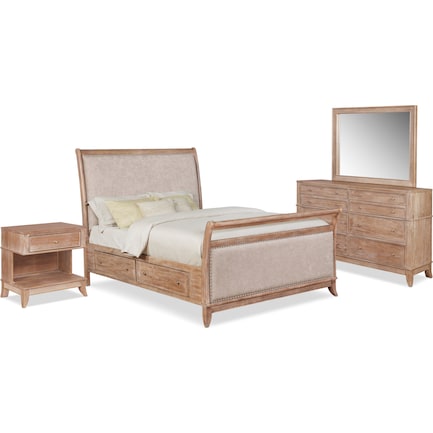 Hazel 6-Piece King Upholstered Bedroom Set with 1-Drawer Nightstand, Dresser and Mirror - Latte
