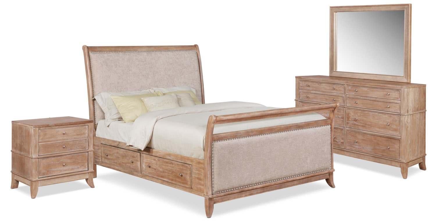 Hazel 6 Piece Upholstered Bedroom Set With 2 Drawer Nightstand Dresser And Mirror Value City Furniture And Mattresses