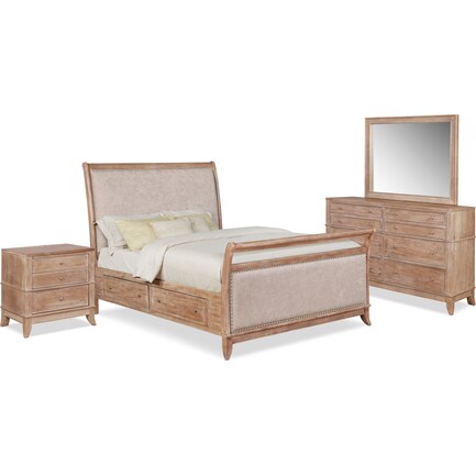 Hazel 6-Piece King Upholstered Bedroom Set with 2-Drawer Nightstand, Dresser and Mirror - Latte