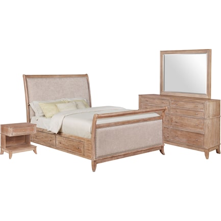 Hazel 6-Piece Queen Upholstered Bedroom Set with 1-Drawer Nightstand, Dresser and Mirror - Latte