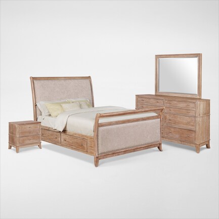 Hazel 6-Piece Queen Upholstered Bedroom Set with 2-Drawer Nightstand, Dresser and Mirror - Latte