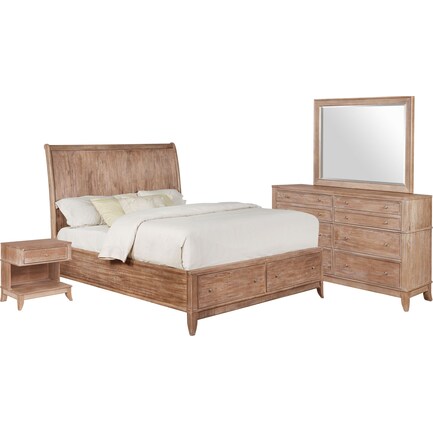 Hazel 6-Piece Queen Bedroom Set with 1-Drawer Nightstand, Dresser and Mirror - Latte