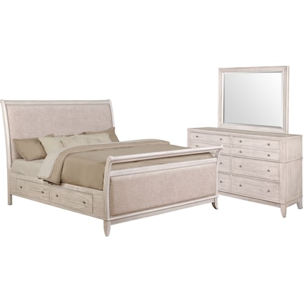 Hazel 5-Piece Queen Upholstered Bedroom Set with Dresser and Mirror - Water White