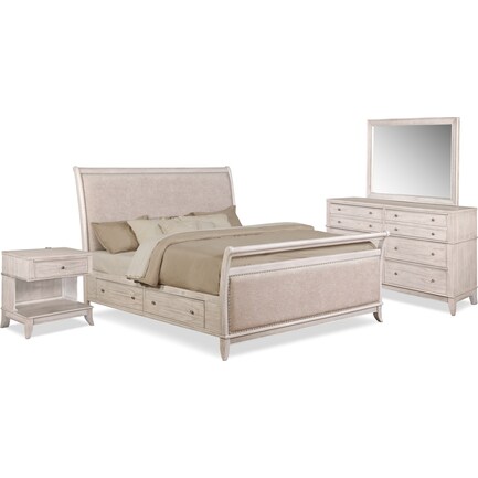 Hazel 6-Piece King Upholstered Bedroom Set with 1-Drawer Nightstand - Water White