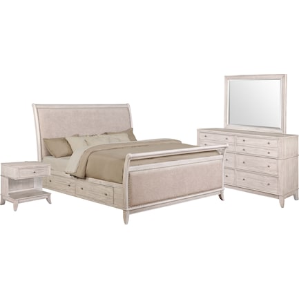 Hazel 6-Piece Queen Upholstered Bedroom Set with 1-Drawer Nightstand - Water White