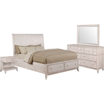 Hazel 6-Piece Queen Bedroom Set with 1-Drawer Nightstand, Dresser and Mirror - Water White