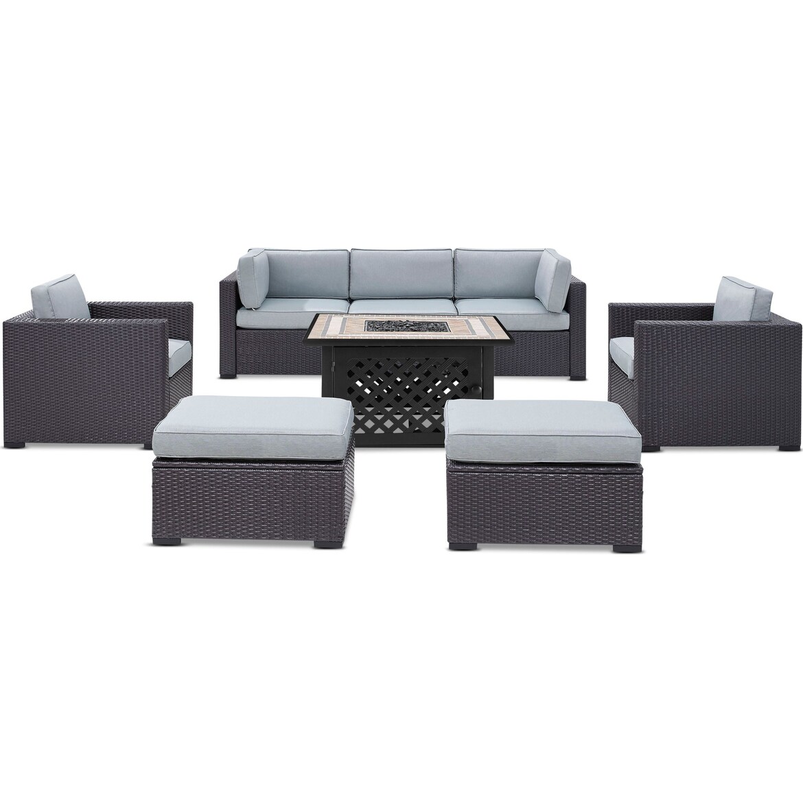 Isla 2-Piece Outdoor Sofa, 2 Armchairs, 2 Ottomans, and Fire Table