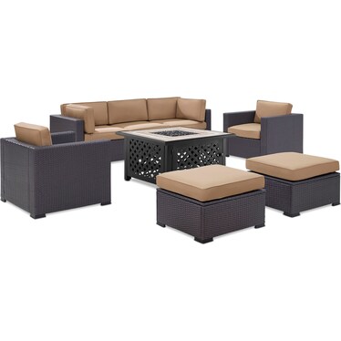 Isla Outdoor 2-Piece Sofa, 2 Armchairs, 2 Ottomans, and Fire Table - Mocha