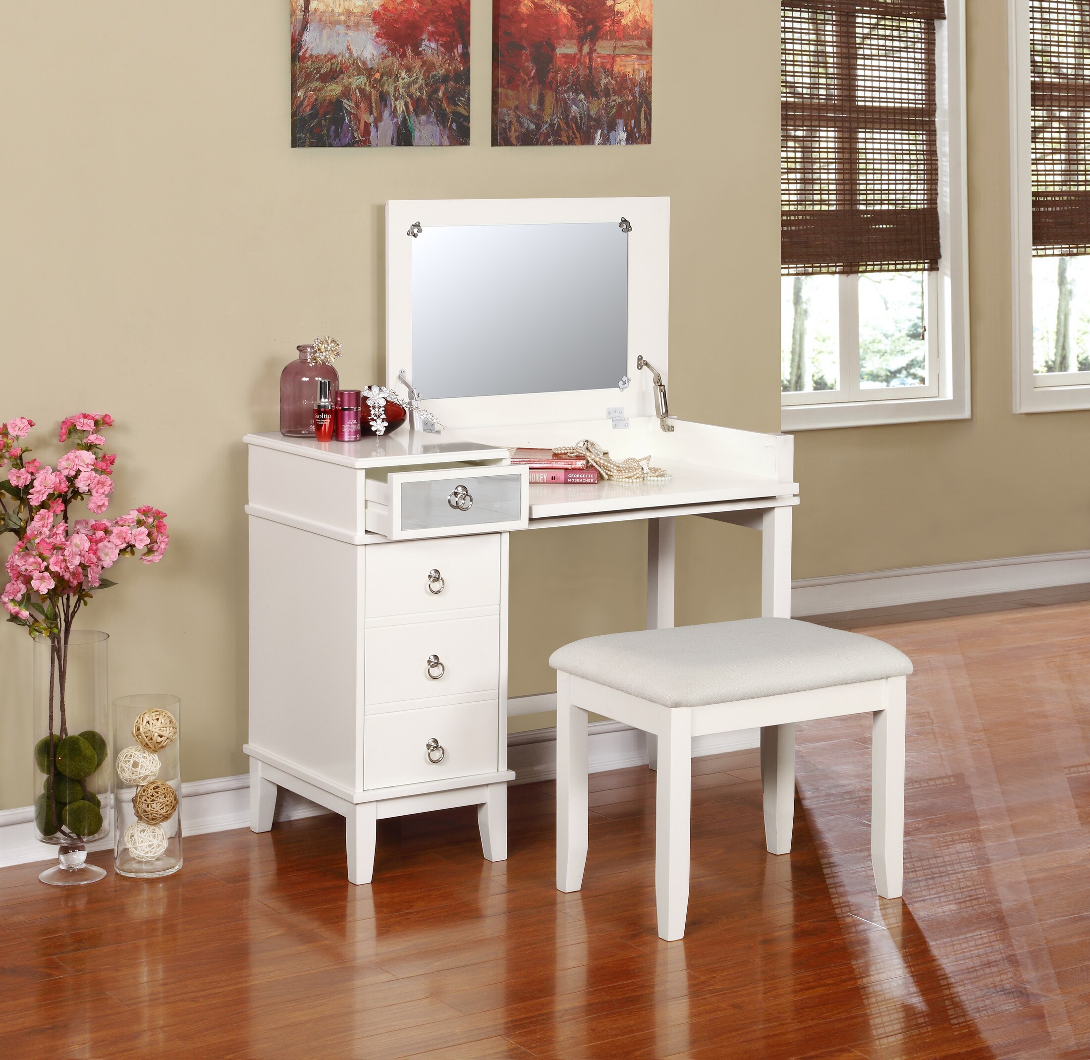 white vanity desk with stool