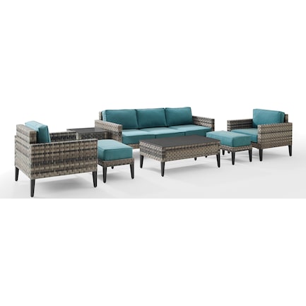 Kitty Hawk Outdoor Set with Sofa, 2 Chairs, 2 Ottomans and Coffee Table - Blue