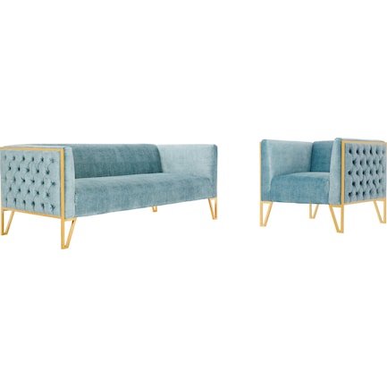 Knightley Sofa and Chair Set - Blue/Gold