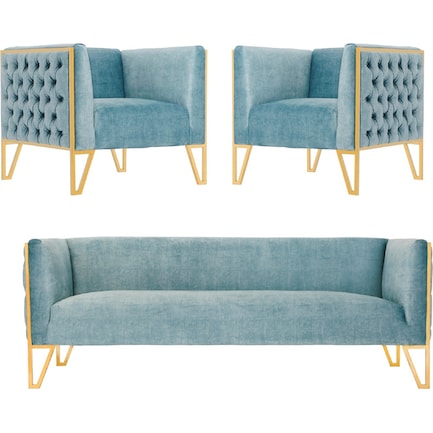 Knightley Sofa and 2 Accent Chairs - Blue/Gold