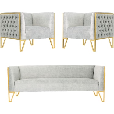 Knightley Sofa and 2 Accent Chairs - Grey/Gold