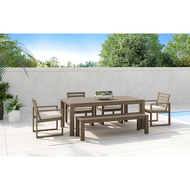 Laguna 6-Piece Outdoor Rectangle Dining Table, 4 Armchairs and Bench