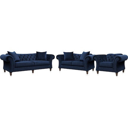 Leah Sofa, Loveseat and Chair Set - Navy