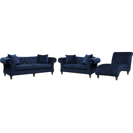 Leah Sofa, Loveseat and Chaise Set - Navy