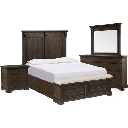 Lexington 6-Piece Queen Storage Bedroom Set with Dresser, Mirror, and Charging Nightstand - Tobacco
