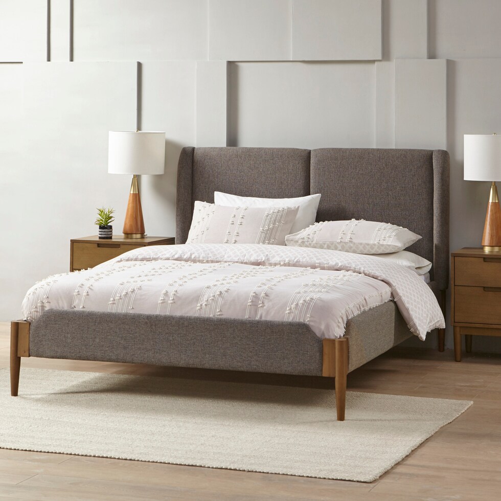 light brown queen bed   