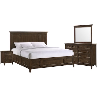 Lincoln 6-Piece Queen Storage Bedroom Set with Nightstand, Dresser and Mirror - Hickory