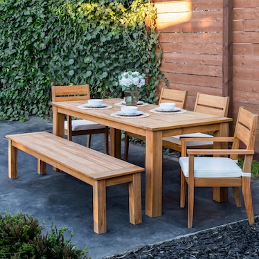 Long Beach Outdoor Dining Table, 2 Dining Armchairs, 2 Dining Chairs and Bench