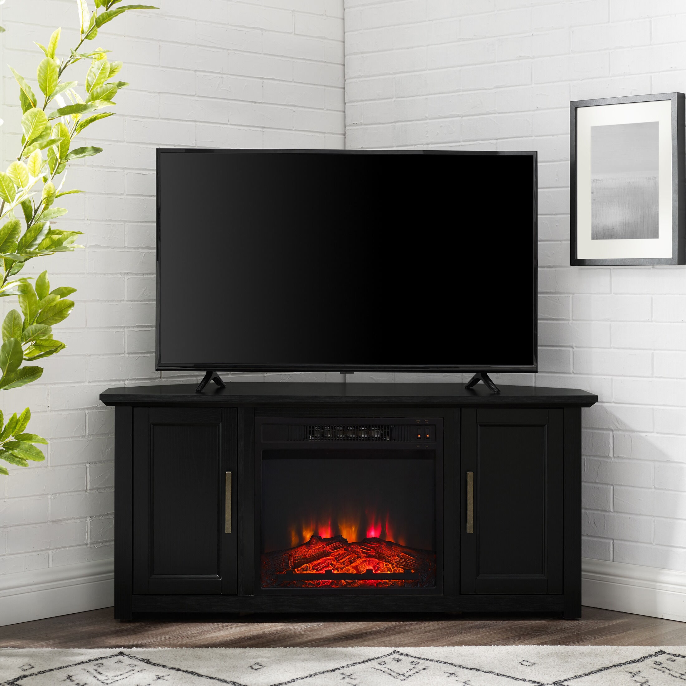 Small corner deals fireplace tv stand