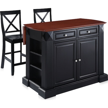 Luther Drop-Leaf Kitchen Island and Set of 2 X-Back Stools - Black
