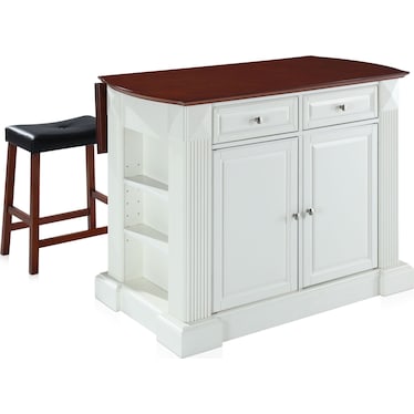 Luther Extendable Kitchen Island and Set of 2 Stools - White
