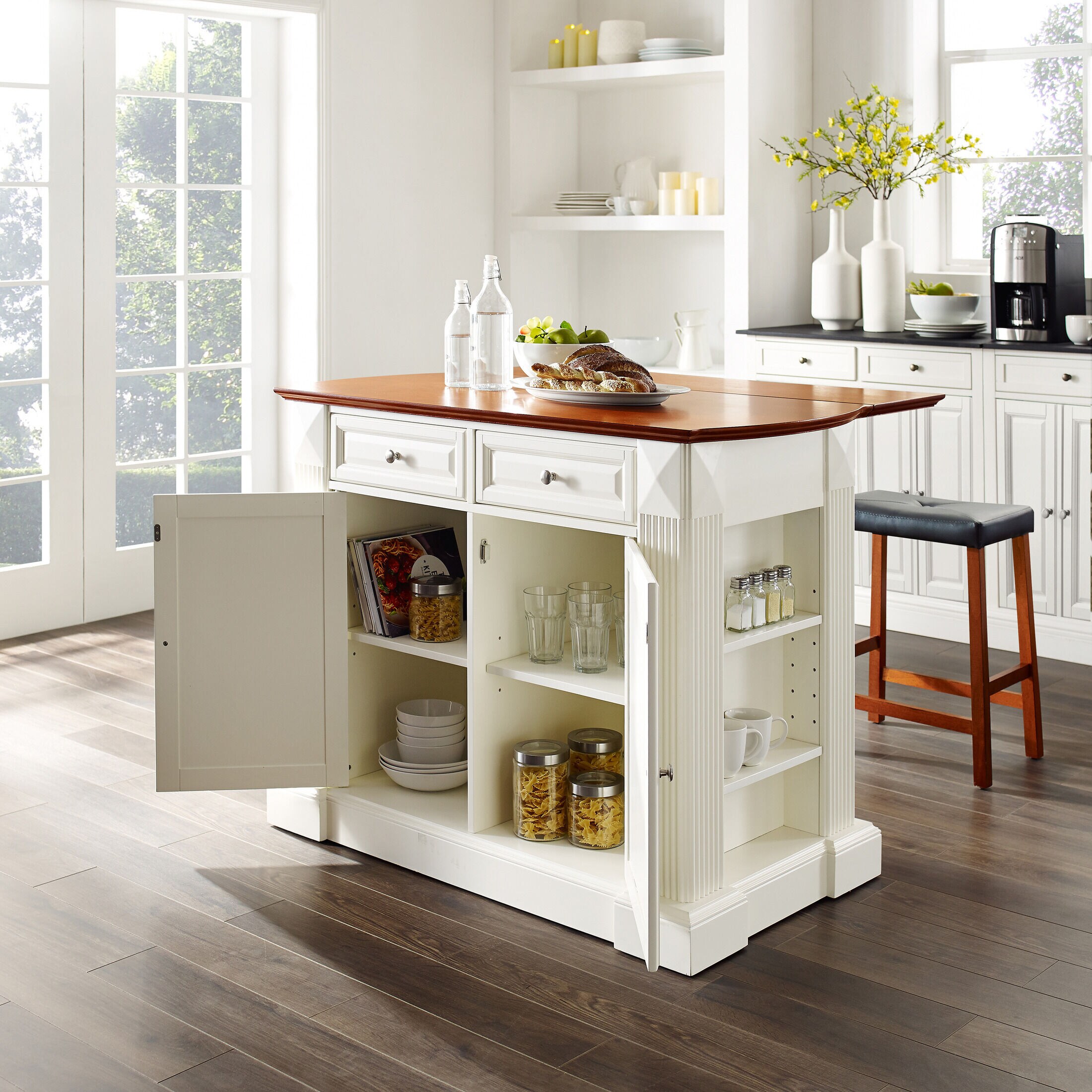 Luther Extendable Kitchen Island and Set of 2 Stools White