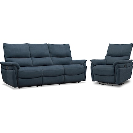 Maddox Manual Reclining Sofa and Swivel Recliner - Blue