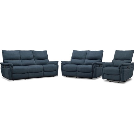 Maddox Manual Reclining Sofa, Loveseat and Swivel Recliner - Blue
